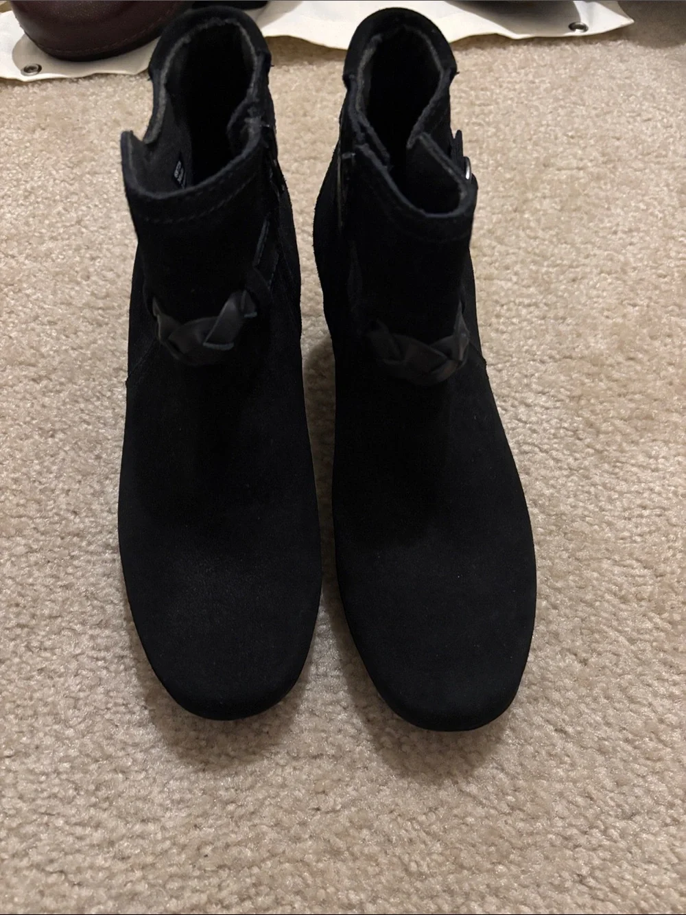 Clarks Black Suede Ankle Booties with Buckle and Braided Strap 7W